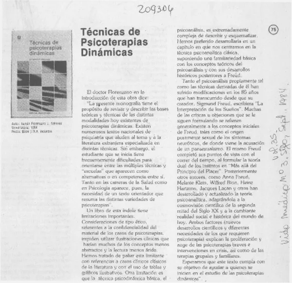 "Técnicas de psicoterapias dinámicas"  [artículo] Amador Neghme [y] Jorge Jiménez.