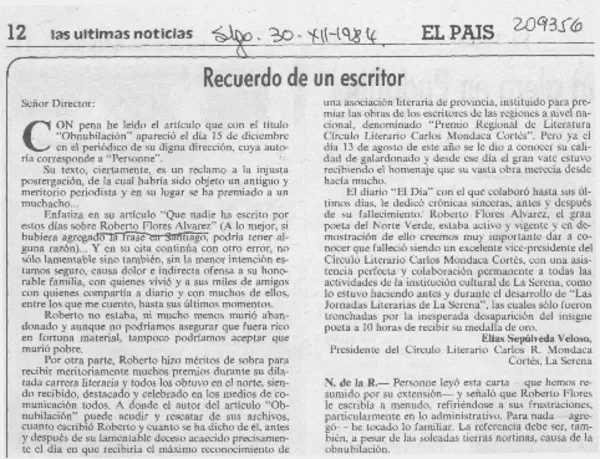 Recuerdo de un escritor  [artículo] Eliás Sepúlveda Velosos.