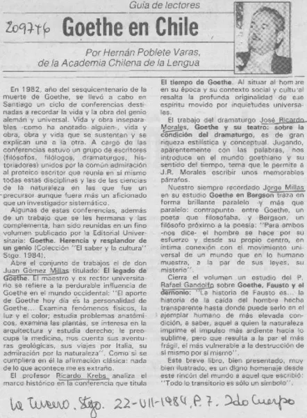 Goethe en Chile  [artículo] Hernán Poblete Varas.