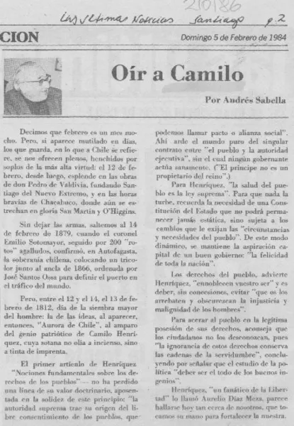 Oír a Camilo  [artículo] Andrés Sabella.
