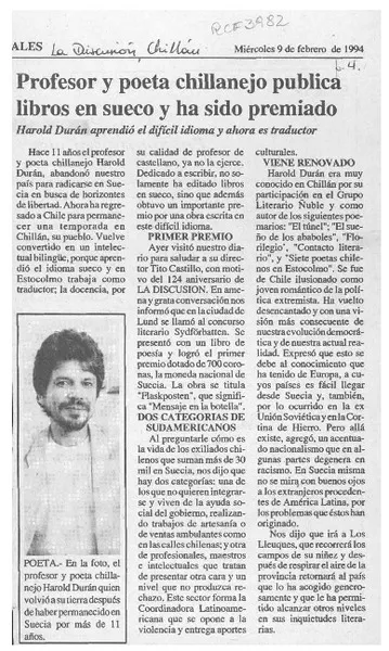 Profesor y poeta chillanejo publica libros en sueco y ha sido premiado  [artículo].