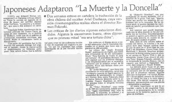 Japoneses adaptaron "La muerte y la doncella"  [artículo] Edward Neilan.