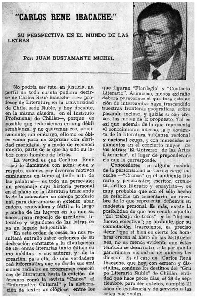 Carlos René Ibacache, su perspectiva en el mundo de las letras  [artículo] Juan Bustamante Michel.