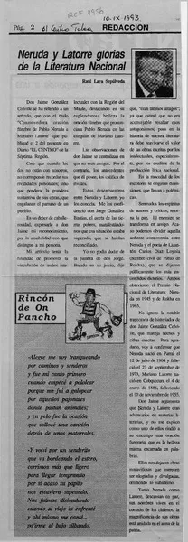 Neruda y Latorre glorias de la literatura nacional  [artículo] Raúl Lara Sepúlveda.