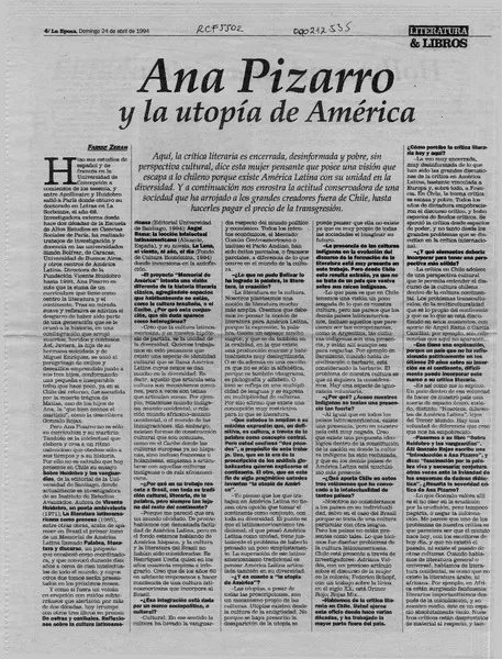 Ana Pizarro y la utopía de América  [artículo] Faride Zerán.