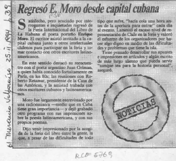 Regresó E. Moro desde capital cubana  [artículo]