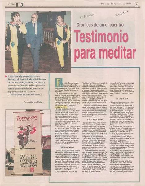 Testimonio para meditar  [artículo] Guillermo Chávez.