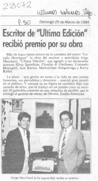 Escritor de "Ultima Edición" recibió premio por su obra  [artículo].