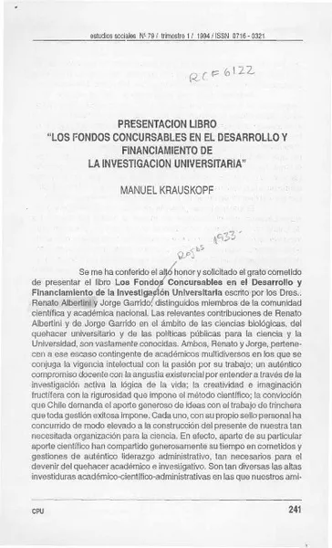 Presentación libro "Los fondos concursables en el desarrollo y financiamiento de la investigación universitaria"  [artículo] Manuel Krauskopf.