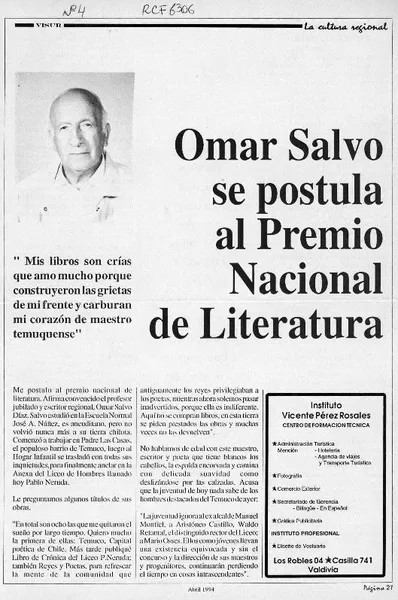 Omar Salvo se postula al Premio Nacional de Literatura  [artículo].