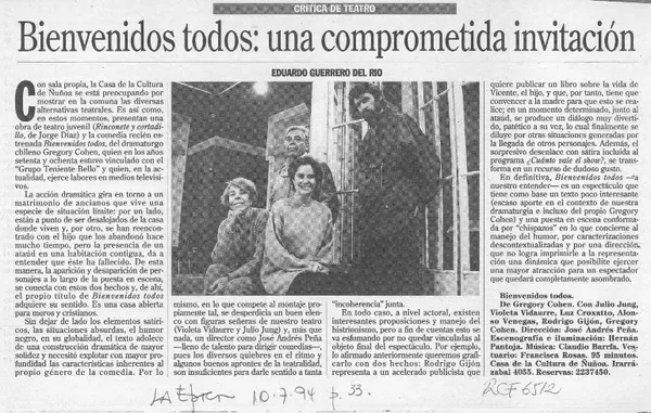 Bienvenidos todos, una comprometida invitación  [artículo] Eduardo Guerrero del Río.