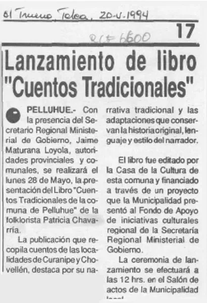 Lanzamiento de libro "Cuentos tradicionales"  [artículo].