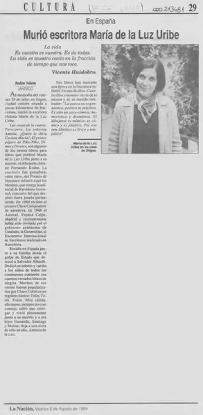 Murió escritora María de la Luz Uribe  [artículo] Paulina Valente.