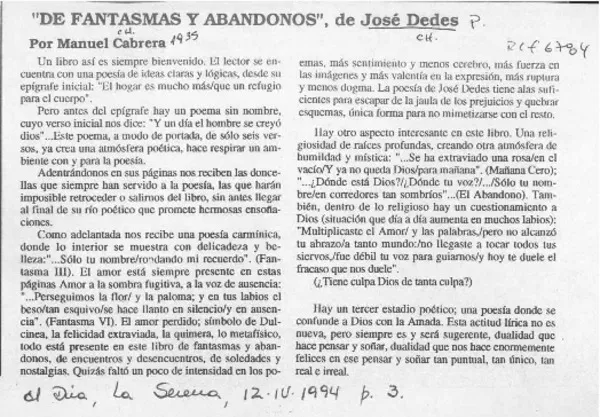 "De fantasmas y abandonos", de José Dedes  [artículo] Manuel Cabrera.