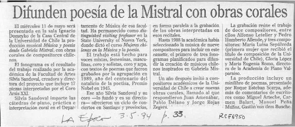 Difunden poesía de la Mistral con obras corales  [artículo].