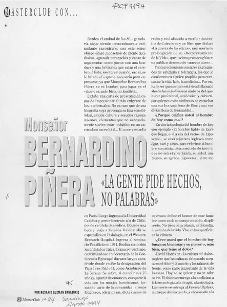 Monseñor Bernardino Piñera, "La gente pide hechos, no palabras"  [artículo] Rosario Guzmán Errázuriz.