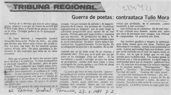 Guerra de poetas, contrataca Tulio Mora  [artículo].