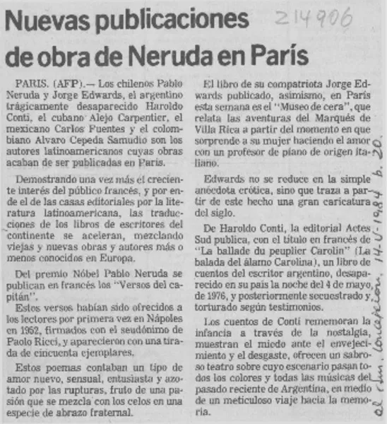 Nuevas publicaciones de obra de Neruda en París  [artículo].
