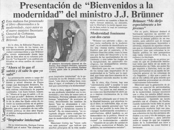 Presentación de "Bienvenidos a la Modernidad" del ministro J. J. Brünner  [artículo].