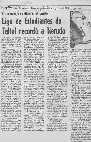 Liga de estudiantes de Taltal recordó a Neruda  [artículo].