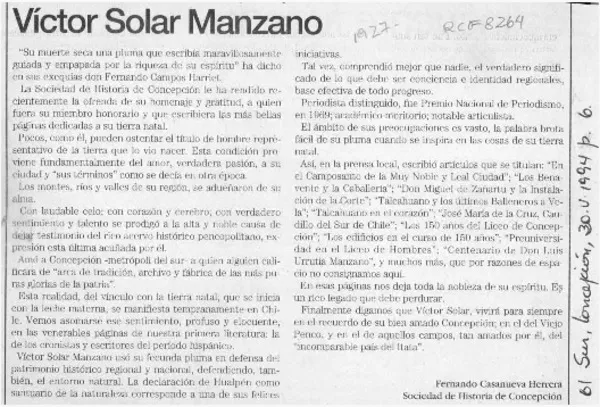 Víctor Solar Manzano  [artículo] Fernando Casanueva Herrera.