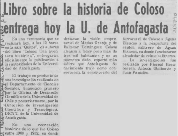 Libro sobre la historia de Coloso entrega hoy la U. de Antofagasta  [artículo].