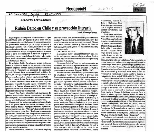 Rubén Darío en Chile y su proyección literaria  [artículo] Oriel Alvarez Gómez.