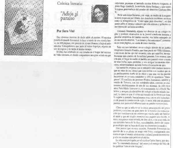 "Adiós al paraíso"  [artículo] Sara Vial.