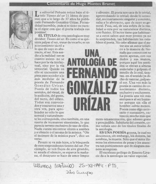 Una antología de Fernando González Urízar  [artículo] Hugo Montes Brunet.
