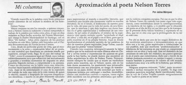 Aproximación al poeta Nelson Torres  [artículo] Jaime Márquez.