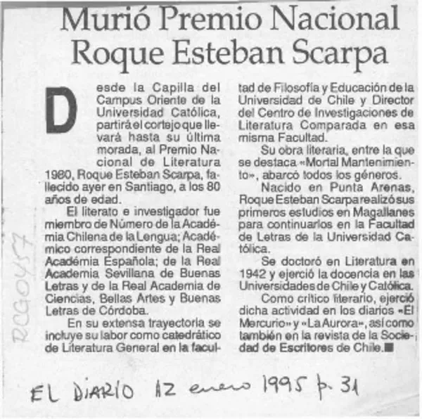 Murió Premio Nacional Roque Esteban Scarpa  [artículo].