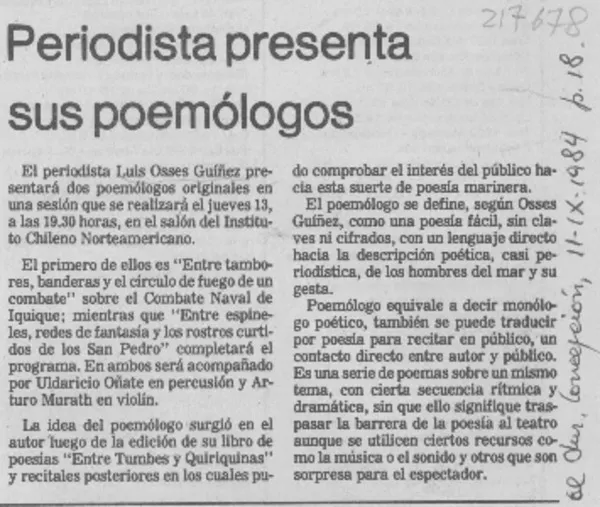 Periodista presenta sus poemólogos  [artículo].