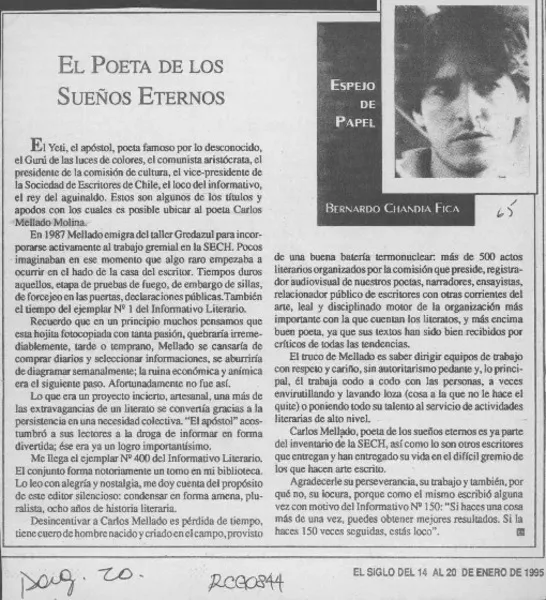 El poeta de los sueños eternos  [artículo] Bernardo Chandía Fica.