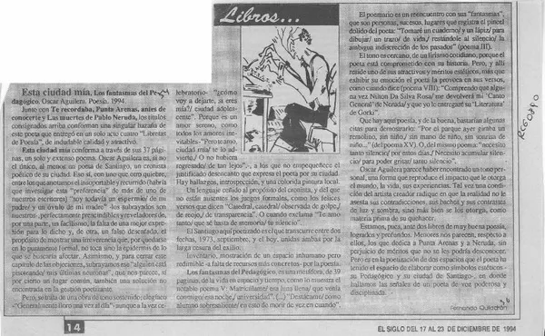 Libros  [artículo] Fernando Quilodrán.