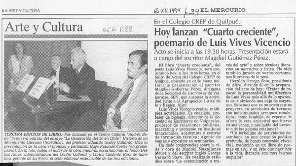 Hoy lanzan "Cuarto creciente", poemario de Luis Vives Vicencio  [artículo].