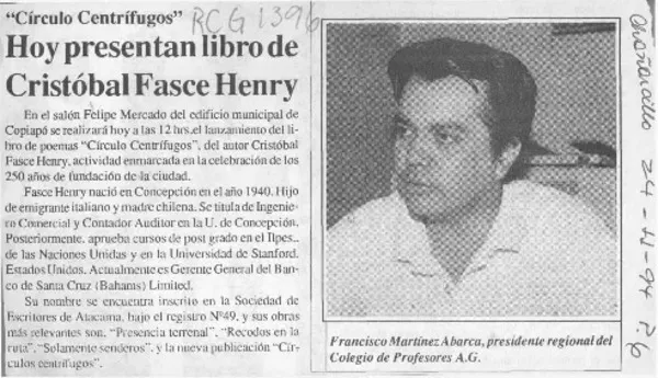 Hoy presentan libro de Cristóbal Fasce Henry  [artículo].