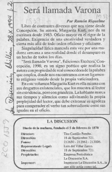 Será llamada Varona  [artículo] Ramón Riquelme.