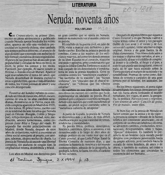 Neruda, noventa años  [artículo] Poli Délano.