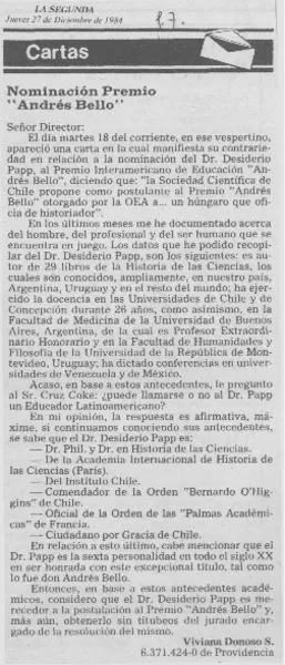 Nominación Premio "Andrés Bello"  [artículo] Viviana Donoso S.