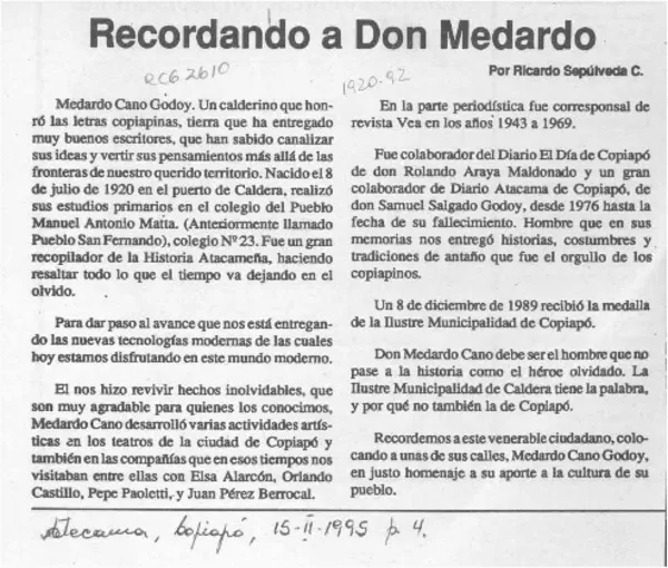 Recordando a Don Medardo  [artículo] Ricardo Sepúlveda C.