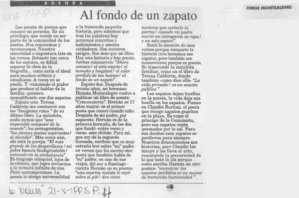 Al fondo de un zapato  [artículo] Jorge Montealegre.