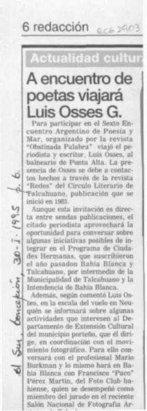 A encuentro de poetas viajará Luis Osses G.  [artículo].