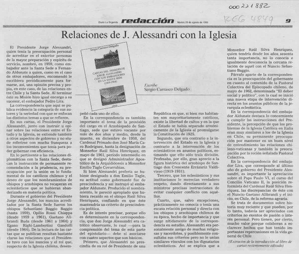 Relaciones de J. Alessandri con la Iglesia  [artículo] Sergio Carrasco Delgado.