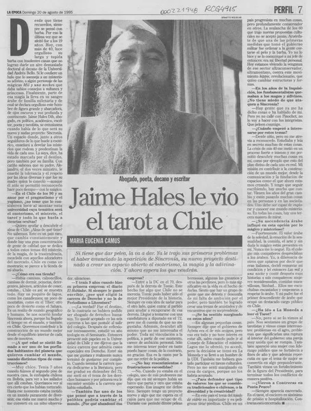 Jaime Hales le vio el tarot a Chile  [artículo] María Eugenia Camus.