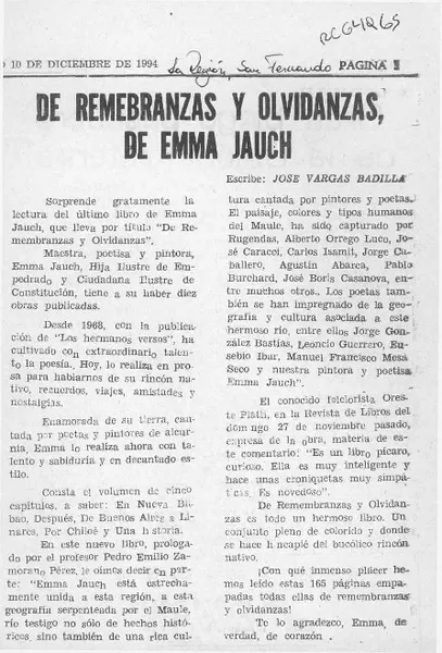 De remembranzas y olvidanzas, de Emma Jauch  [artículo] José Vargas Badilla.