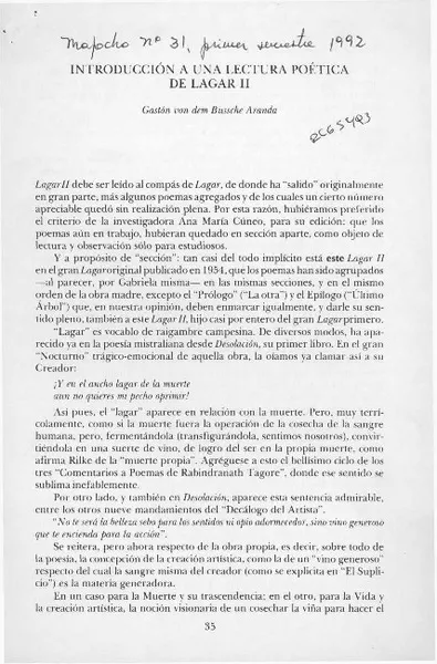 Introducción a una lectura poética de Lagar II  [artículo] Gastón von dem Bussche Aranda.