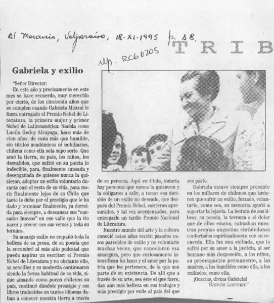 Gabriela, la exiliada  [artículo] Ramón Lorenzo.