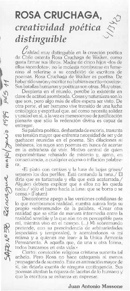 Rosa Cruchaga, creatividad poética distinguible  [artículo] Juan Antonio Massone