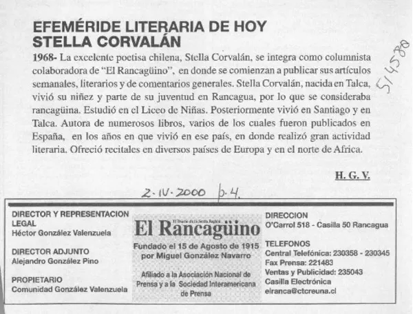 Efeméride literaria de hoy, Stella Corvalán  [artículo] H. G. V.