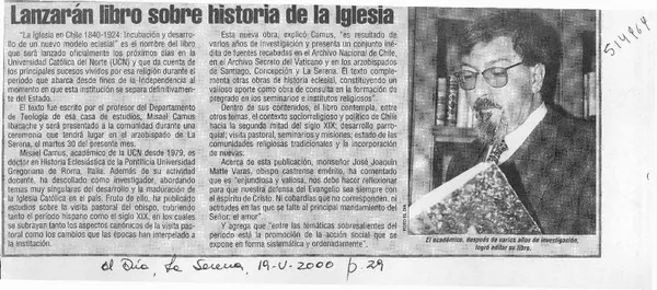 Lanzarán libro sobre historia de la iglesia  [artículo]